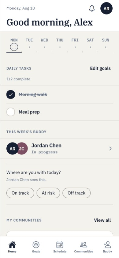 Menthora home with a morning greeting, daily tasks, and a weekly buddy